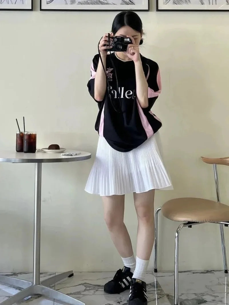 New Arriavl Korean Summer Black Pink Retro Patchwork 21 Jersey T-shirt Sports Breathable Short Sleeve Casual T-shirt for Women SS69