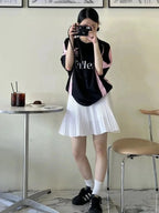 New Arriavl Korean Summer Black Pink Retro Patchwork 21 Jersey T-shirt Sports Breathable Short Sleeve Casual T-shirt for Women SS69