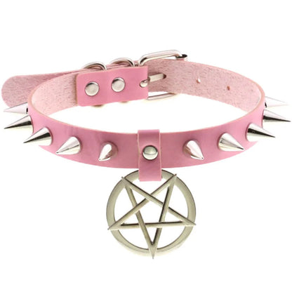 1Pc Harajuku Gothic Spike Rivet Star Necklaces Collares Hip Hop Rock Black Bowknot PU Lace Leather Sexy Y2K Girl Choker Jewelry SS69 8.69 W4617-Pink