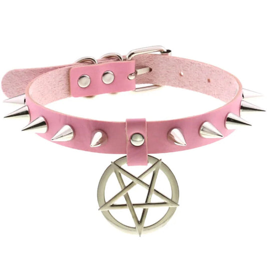 1Pc Harajuku Gothic Spike Rivet Star Necklaces Collares Hip Hop Rock Black Bowknot PU Lace Leather Sexy Y2K Girl Choker Jewelry SS69 8.69 W4617-Pink