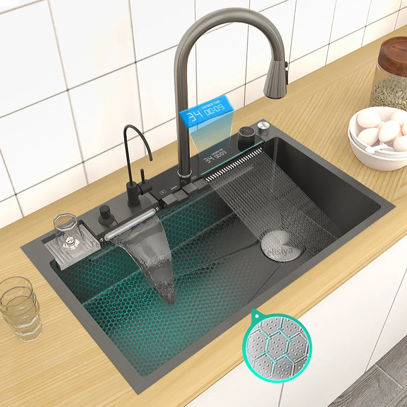TELISIYAC Stainless Steel Waterfall Kitchen Sink - Large Single Bowl