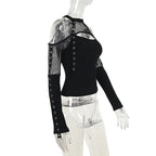 Goth Dark Fishnet Patchwork Off Shoulder Halter Top