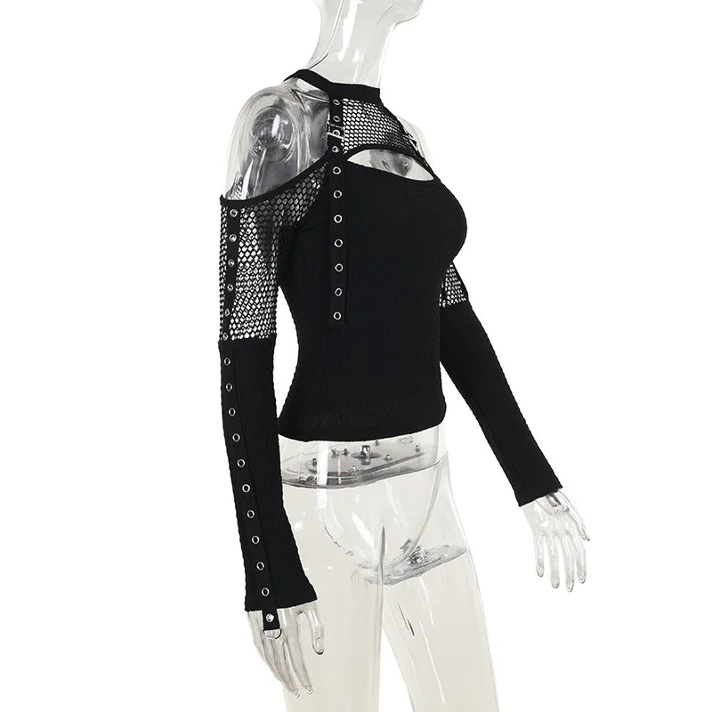 Goth Dark Fishnet Patchwork Off Shoulder Halter Top