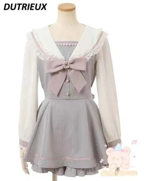 Japanese Style Women's Outfits Sailor Collar Plaid Rhinestone Bow Dress Shorts Set Sweet Lolita Mine Series Dress Two-Piece Suit