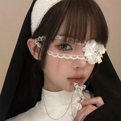 Punk Cross Eye Mask Women Lolita Cosplay Eye Patch Gothic Halloween Heart Bow Lace Eyewear Accessories Xmas Gifts SS69