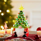 12” Gnome Ceramic Tree Light up Tabletop Xmas Decor with 60 LED Lights Ceramic Tree with Christmas Themed Design Xmas Holiday Indoor Office Table Fireplace Decoration