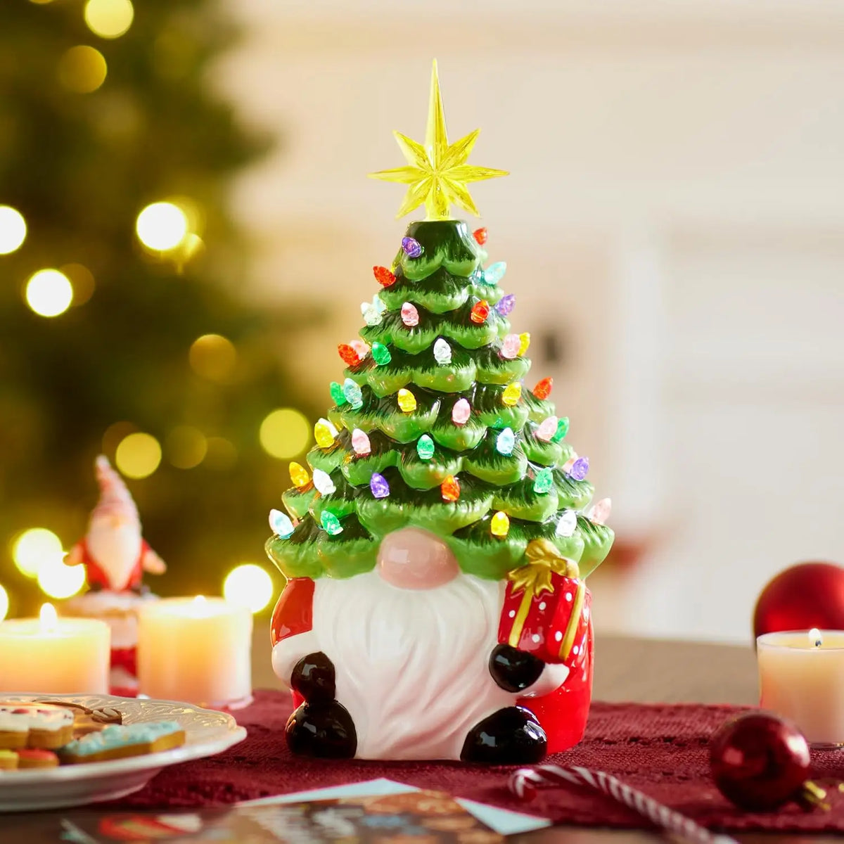 12” Gnome Ceramic Tree Light up Tabletop Xmas Decor with 60 LED Lights Ceramic Tree with Christmas Themed Design Xmas Holiday Indoor Office Table Fireplace Decoration
