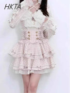 Japanese Sweet Heavy Industry Splicing Sleeve Strap Lace Bow Lace Shirt Summer Autumn New Elastic Slim Long-sleeve Tshirt Top