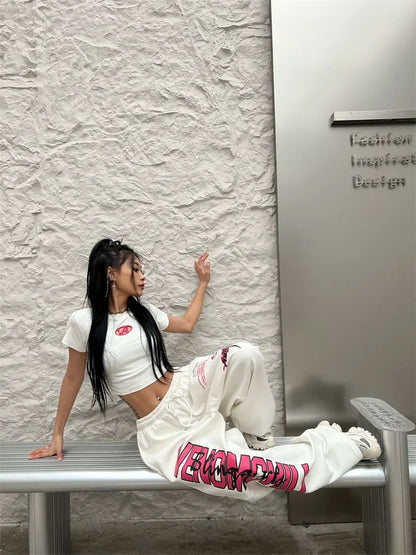 Korean Y2K Streetwear White Jogging Sweatpants Women Harajuku Sports Pants Oversized Hip Hop Letter Wide Leg Trousers - SS69