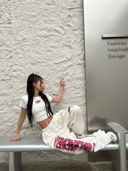 Korean Y2K Streetwear White Jogging Sweatpants Women Harajuku Sports Pants Oversized Hip Hop Letter Wide Leg Trousers - SS69