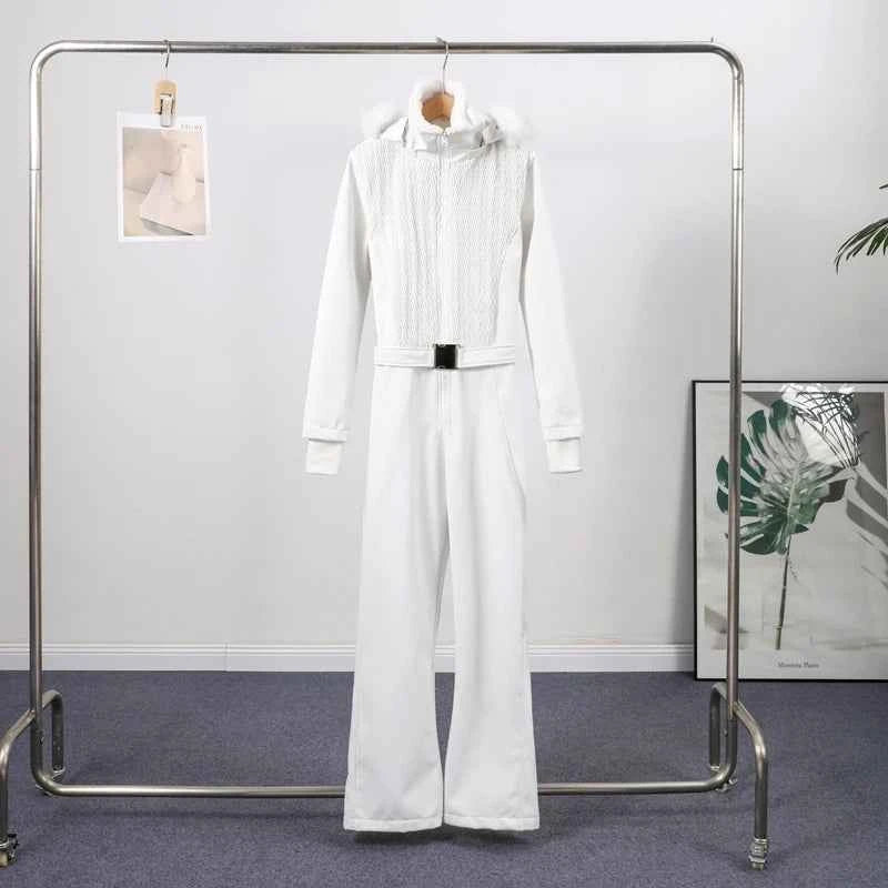 Fashion Solid Warm Ski Suit Women's Hood Fur Trim Full Sleeves Belt Coats High Waist Pants 2025 Winter Lady Windproof Tracksuit