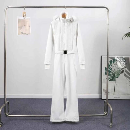 Fashion Solid Warm Ski Suit Women's Hood Fur Trim Full Sleeves Belt Coats High Waist Pants 2025 Winter Lady Windproof Tracksuit