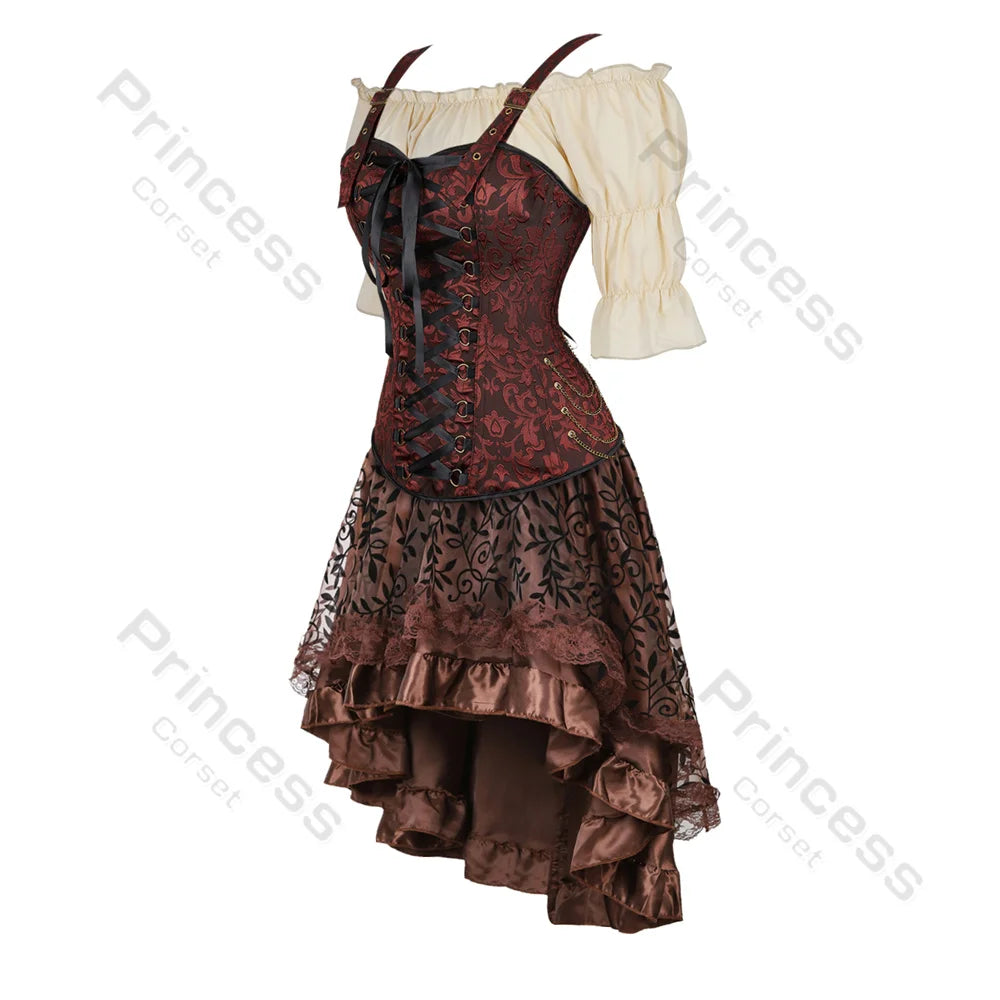 Brown Pirate Dress Plus Size Faxu Leather Steampunk Corset Dress with Shoulder Off Blouse Cosplay Pirate Costume for Women SS69