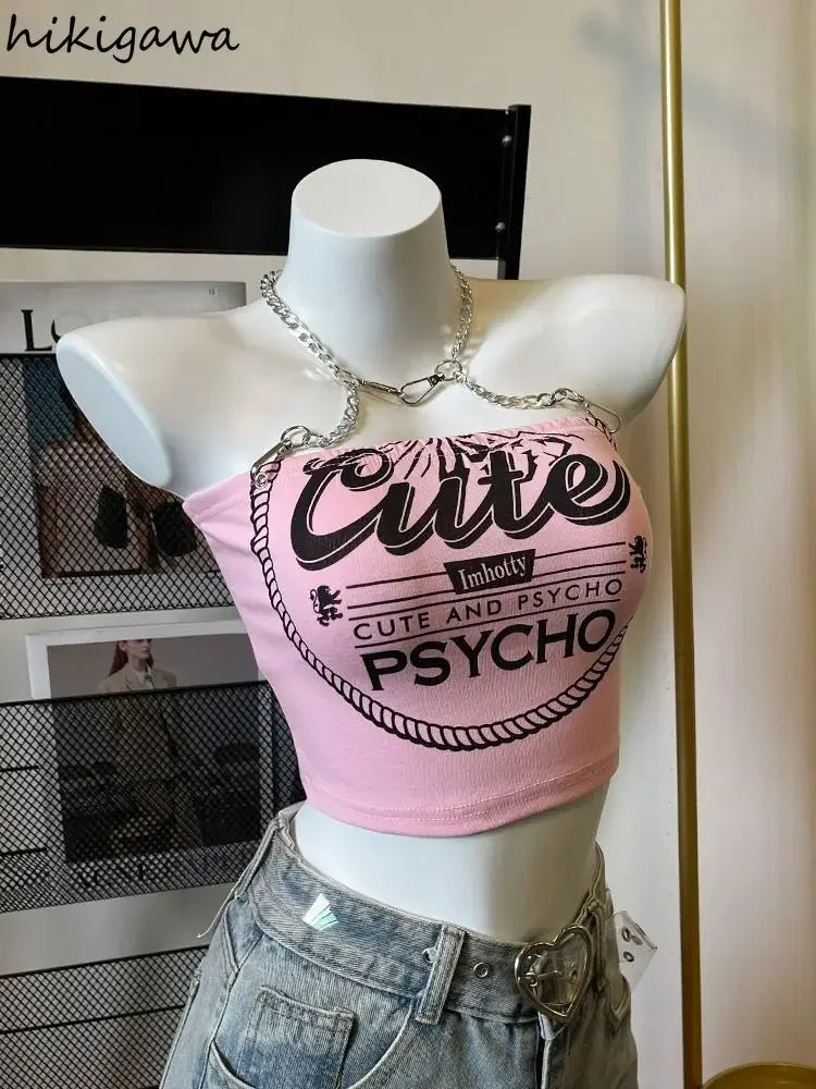Crop Tops Fashion Summer Tanks Women Clothing Sweet Pink Letter Backless Tunic Camis Harajuku Chain Sexy Y2k Vest Ropa Mujer SS69