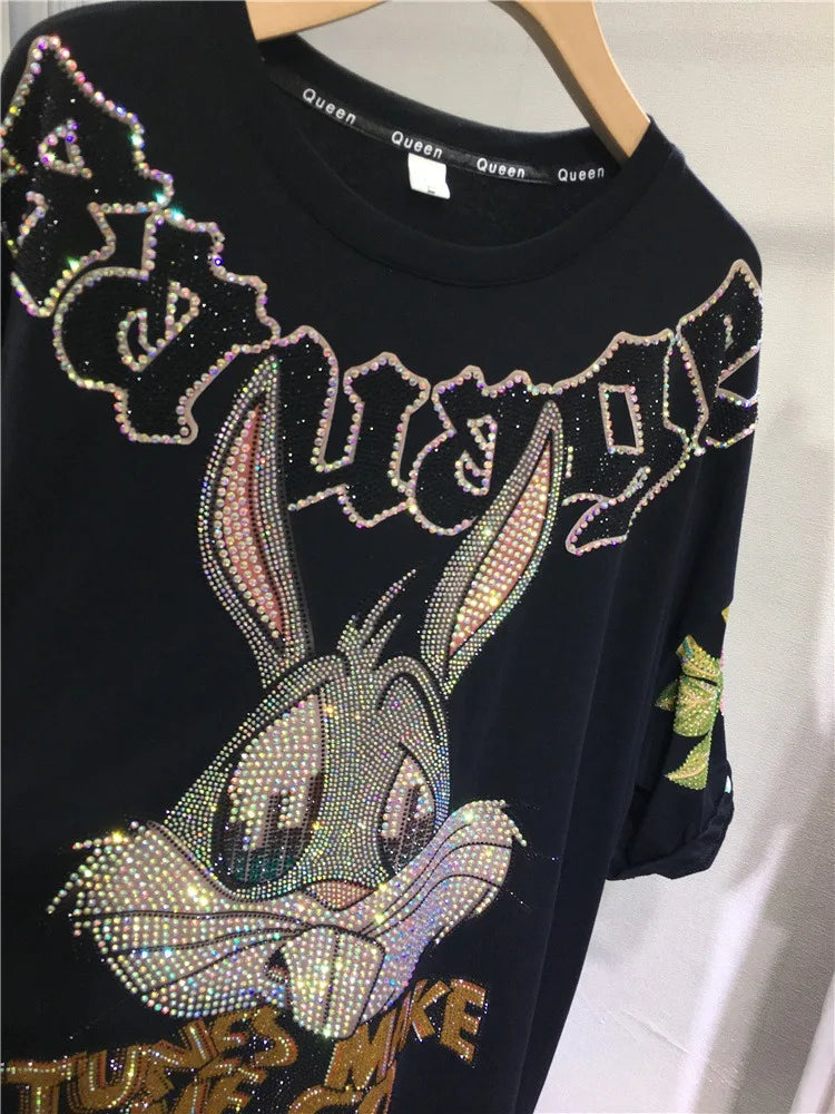 Oversized top Rhinestone diamond o-neck peony print rabbit fashion women's short-sleeved T-shirt SS69