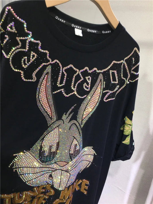 Oversized top Rhinestone diamond o-neck peony print rabbit fashion women's short-sleeved T-shirt SS69