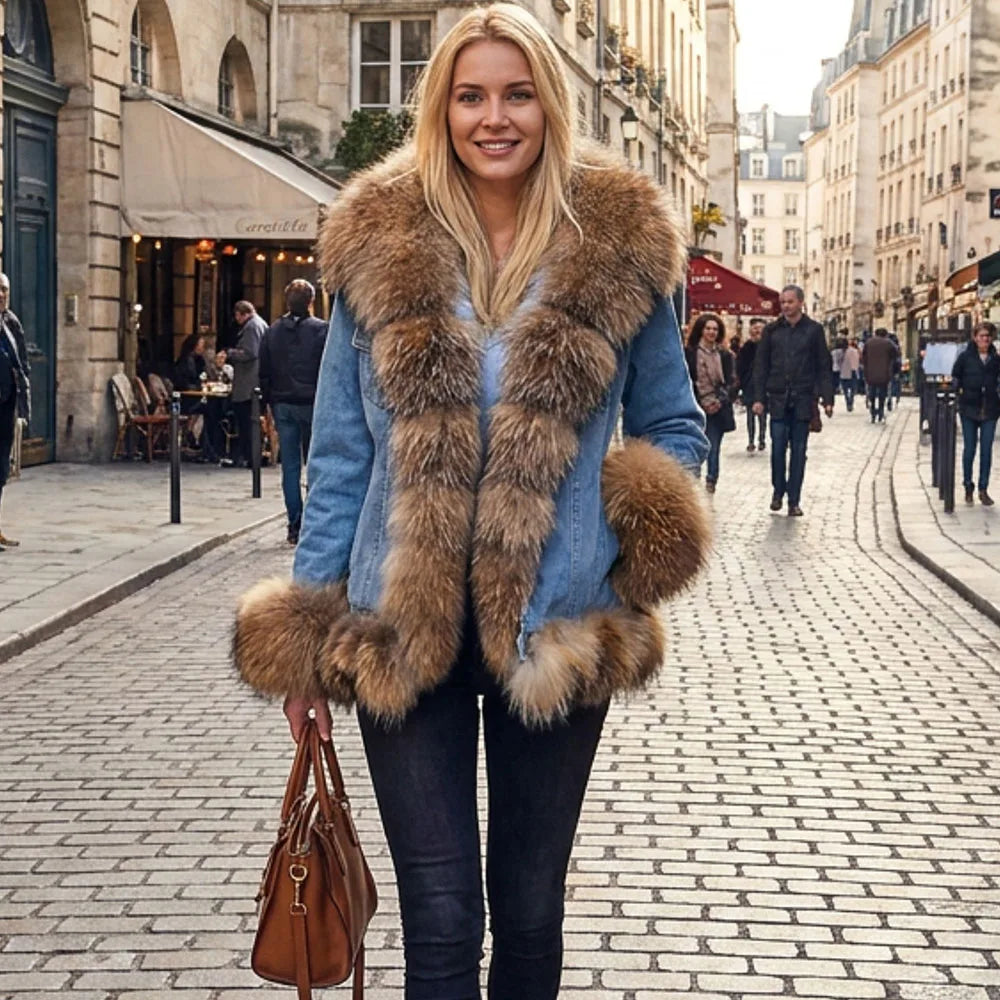 2026 MAOMAOKONG Winter Clothing Women's Denim Jacket Detachable Fox Fur Lining With Real Raccoon Fur Collar Jean Jacket Fur Coat