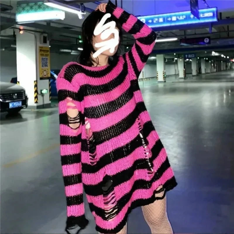 New Women's Punk Gothic Oversized Pullover Sweater Striped Hollow out Cool Harajuku Aesthetics Spring Autumn