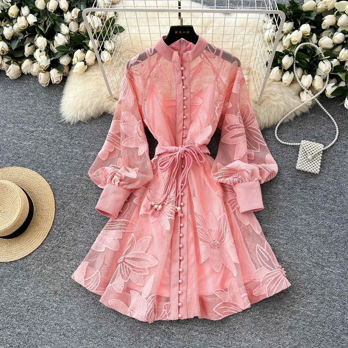 SINGREINY Women Elegant Floral Emboridery Dress Hollow Out Long Sleeve Single Breasted Belt French Court Chic Short A Line Dress