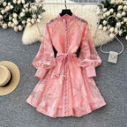 SINGREINY Women Elegant Floral Emboridery Dress Hollow Out Long Sleeve Single Breasted Belt French Court Chic Short A Line Dress