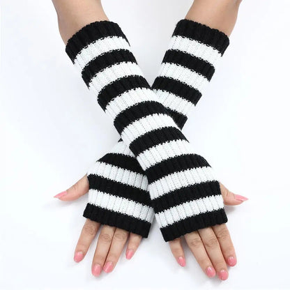 Lolita Striped Women's Knitted Fingerless Arm Sleeves Halloween Gothic Style Long Arm Warmers Girls Punk Striped Elbow Gloves SS69 12.69 black / One Size
