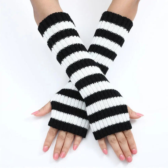 Lolita Striped Women's Knitted Fingerless Arm Sleeves Halloween Gothic Style Long Arm Warmers Girls Punk Striped Elbow Gloves SS69 12.69 black / One Size