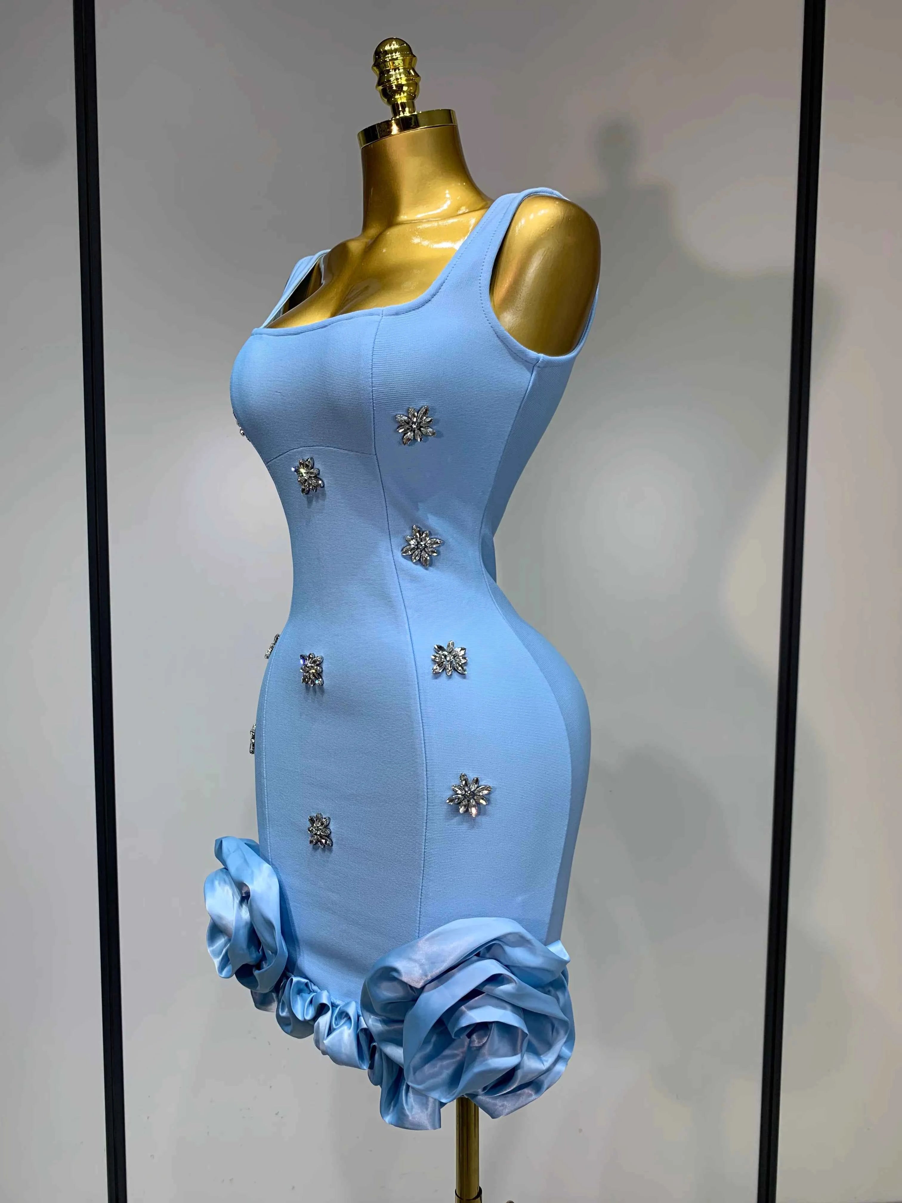 Women Sexy Square Collar Sparkly Rhinestone Bodycon Mini Bandage Dress Celebrate Evening Party Elegant Luxury Birthday Dress