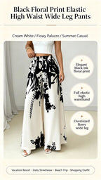 Women Black Ink Floral Print Wide Leg Pants Elastic High Waist Silky Satin Palazzo Trousers Summer Vacation Casual Loose Long Pants Beach Bottoms Vestidos