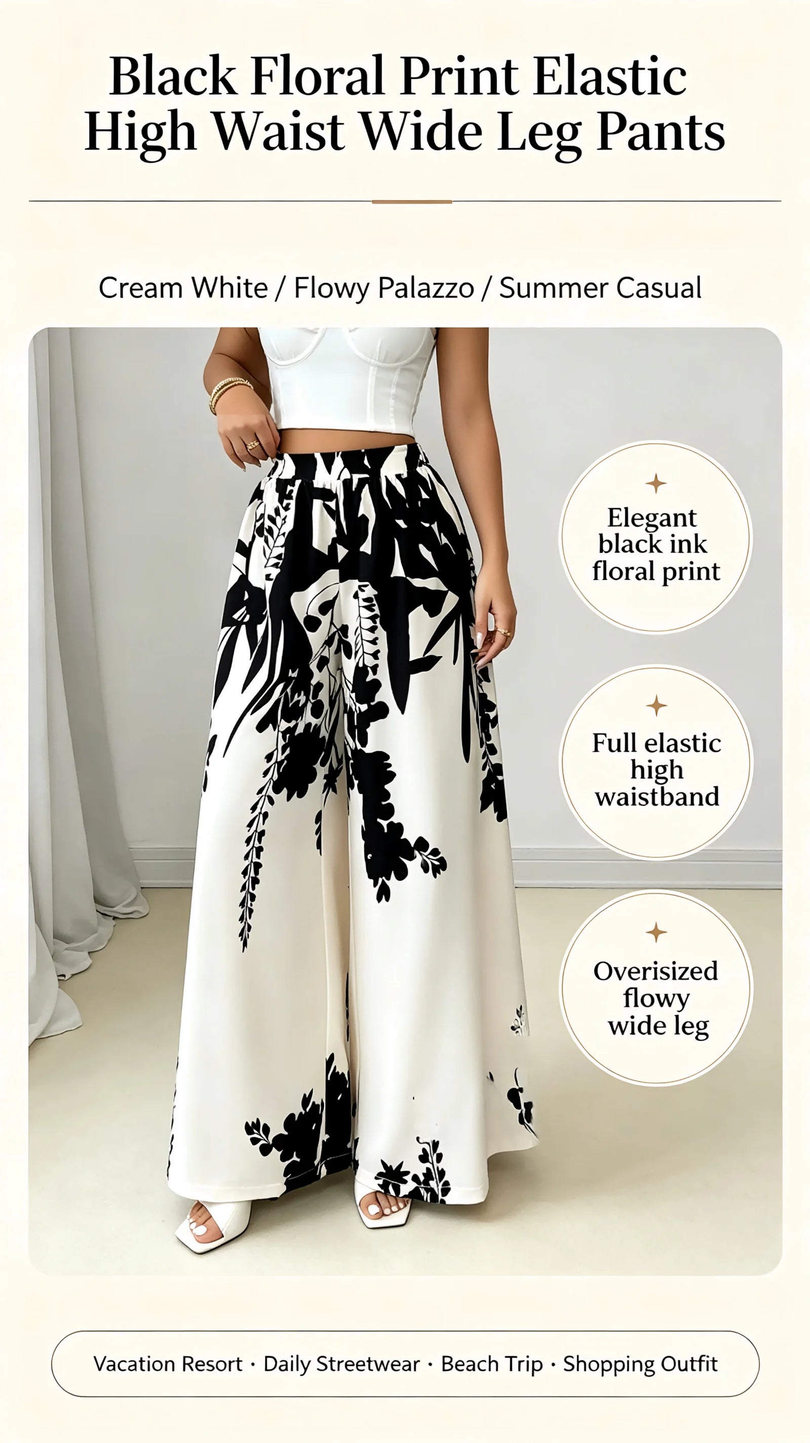 Women Black Ink Floral Print Wide Leg Pants Elastic High Waist Silky Satin Palazzo Trousers Summer Vacation Casual Loose Long Pants Beach Bottoms Vestidos