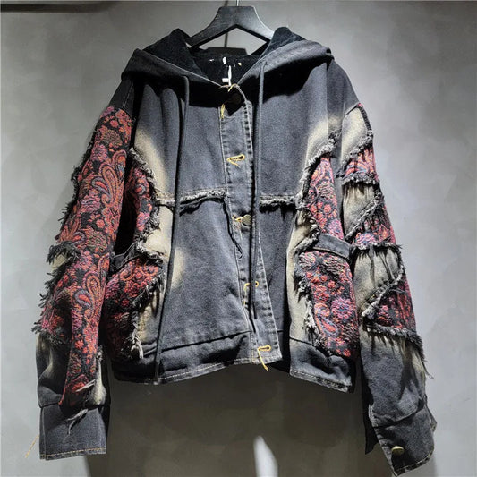 DEAT Women's Patchwork Denim Hooded Jacket and High Waist Wide Leg Pants Set