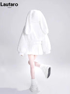 Lautaro Autumn Winter Sweet Cute Lovely Warm Soft White Short Faux Fur Coat Women  with Bunny Ears Fluffy Jacket Hoodie 2023 SS69
