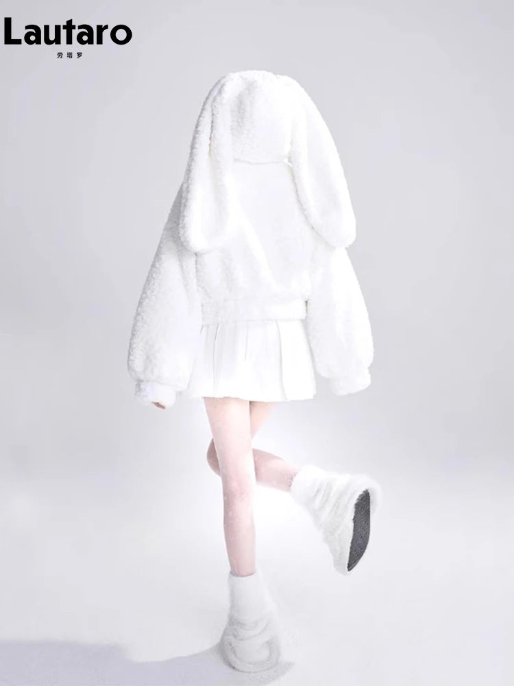 Lautaro Autumn Winter Sweet Cute Lovely Warm Soft White Short Faux Fur Coat Women  with Bunny Ears Fluffy Jacket Hoodie 2023 SS69