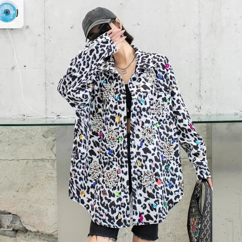 Harajuku Vintage Pearl Beaded Diamonds Leopard Print Women Thin Shirt Jacket Loose Casual Lapel Long Sleeve Female Jacket Coat SS69 76.69 White Leopard / One Size
