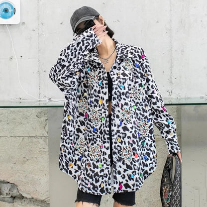 Harajuku Vintage Pearl Beaded Diamonds Leopard Print Women Thin Shirt Jacket Loose Casual Lapel Long Sleeve Female Jacket Coat SS69 76.69 White Leopard / One Size