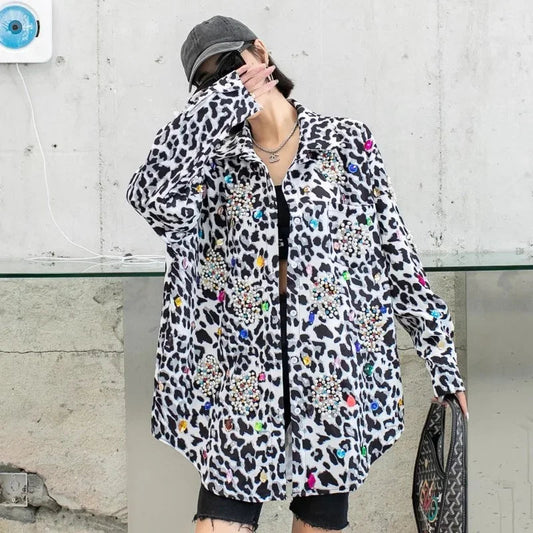 Harajuku Vintage Pearl Beaded Diamonds Leopard Print Women Thin Shirt Jacket Loose Casual Lapel Long Sleeve Female Jacket Coat SS69 76.69 White Leopard / One Size