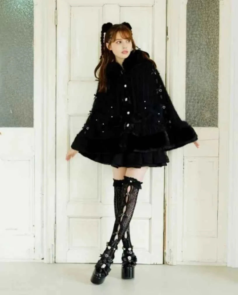 Autumn and Winter Japanese Liz Furry Knitted Cape Coat Sweet Girls Women Mine Series Cute Bow Princess Hooded Kawaii Lolita Coat