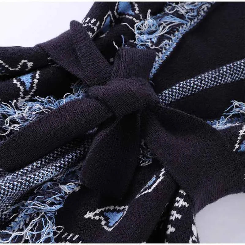 Vintage Tassels Print Women's Print Cardigan V-Neck Lace Up Full Sleeve Spliced Sweaters 2025 Autumn Lady All-match Kintwears