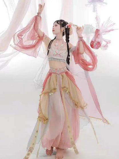 Dunhuang Feitian Chinese style printed silk Hanfu 4-piece set, high-end retro Hanfu, high-end satin embroidery craftsmanship SS69