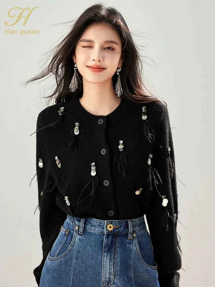 H Han Queen Autumn Simple Basic Black Tasseled Sequins Knitted Coats Cardigan Sweater For Womens Tops Long Sleeve Cardigans