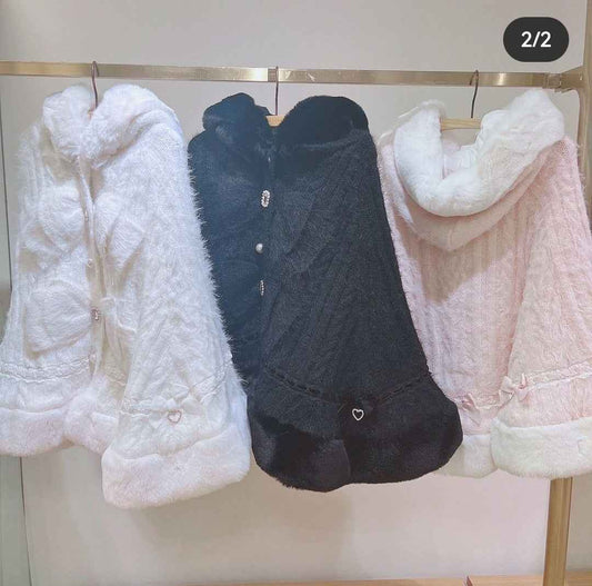 Japanese Sweet Soft Thick Women's Double-Layer Big Ribbon Hooded Knitted Cloak 3 Colors Autumn and Winter Ponchos Warm Jacket