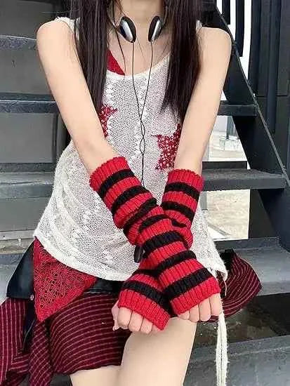 Gothic Striped Knitted Fingerless Arm Sleeves Black White Striped Winter Long Arm Warmers Girls Harajuku Y2K Wrist Gloves