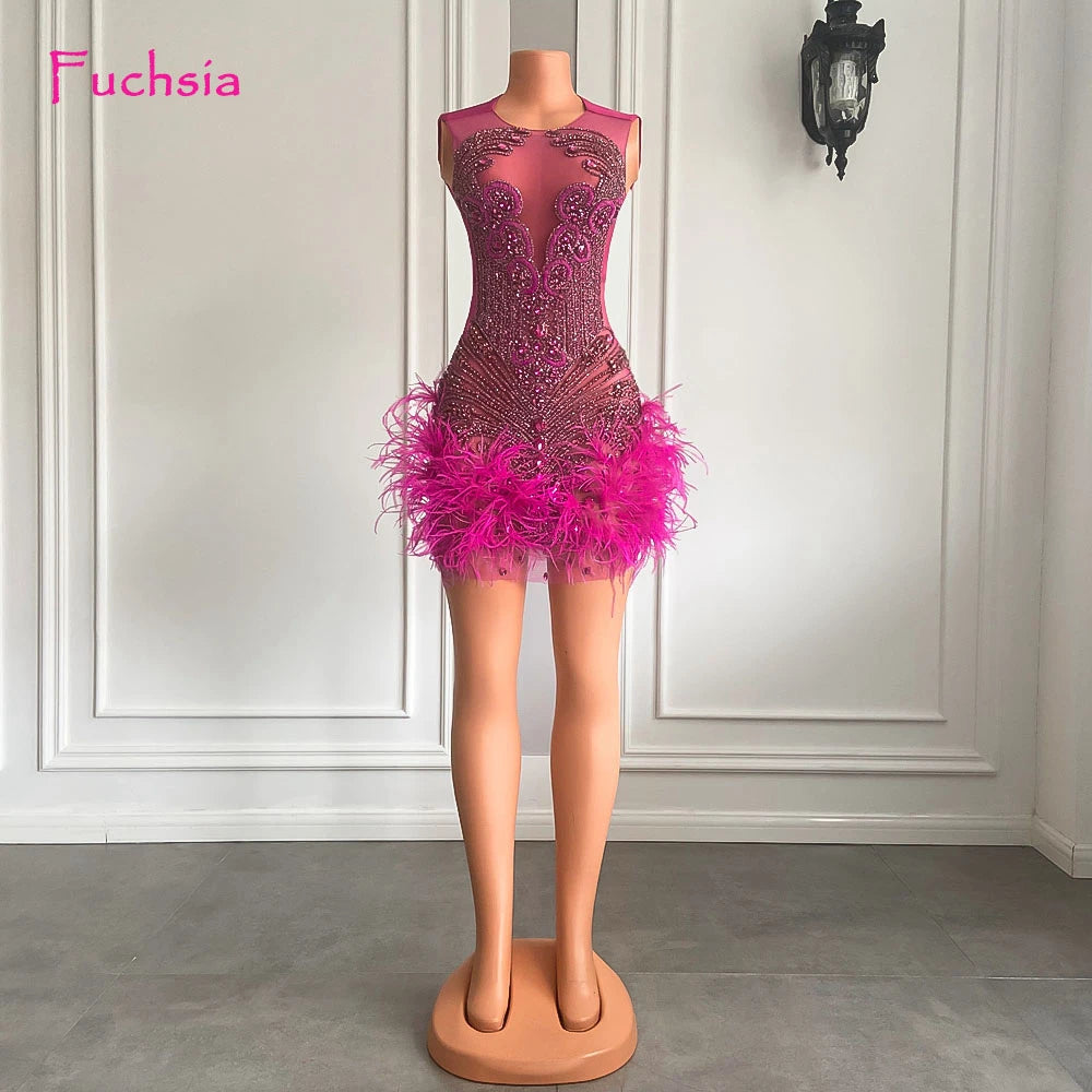 Stunning Sparkly Luxury Diamond Women Birthday Party Cocktail Gowns Sexy Sheer Pink Feather Mini Short Prom Dresses 2025 SS69