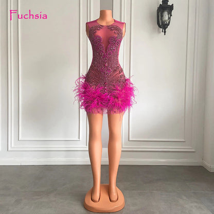 Stunning Sparkly Luxury Diamond Women Birthday Party Cocktail Gowns Sexy Sheer Pink Feather Mini Short Prom Dresses 2025 SS69