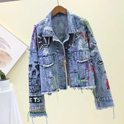 Spring Autumn Rivet Beaded Line Tassel Letter Graffiti Print Women Denim Jacket 2026 Casual Hole Denim Jacket Veste Femme