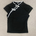 Women's Beige Chinese Style Cheongsam Blouse Vintage Mandarin Collar Short Sleeve Crop Top with Frog Button Keyhole Asymmetrical