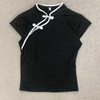 Women's Beige Chinese Style Cheongsam Blouse Vintage Mandarin Collar Short Sleeve Crop Top with Frog Button Keyhole Asymmetrical