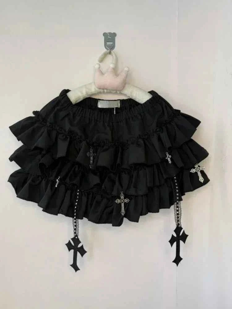 Summer Gothic Y2k Elastic Waist Cross Short Skirt Women High Street Chic Thin Hot Girl Skirts Female Aesthetic New Punk Outfits