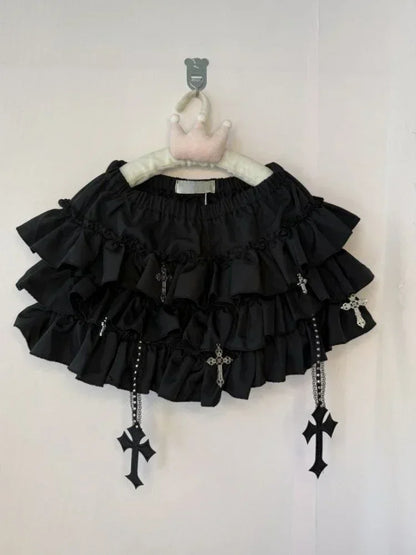 Summer Gothic Y2k Elastic Waist Cross Short Skirt Women High Street Chic Thin Hot Girl Skirts Female Aesthetic New Punk Outfits
