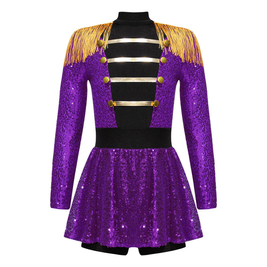 inlzdz Women's Circus Ringmaster Costume Sequin Tassel Leotard Dress