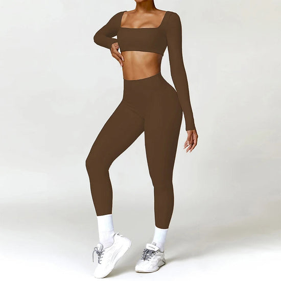 2PCS Yoga Suit Sports Set Women Quick-Drying Gym Set Women Tracksuit Running Workout Long Sleeve Sports Shirt Yoga Clothing SS69 53.69 Coffee 2 / S